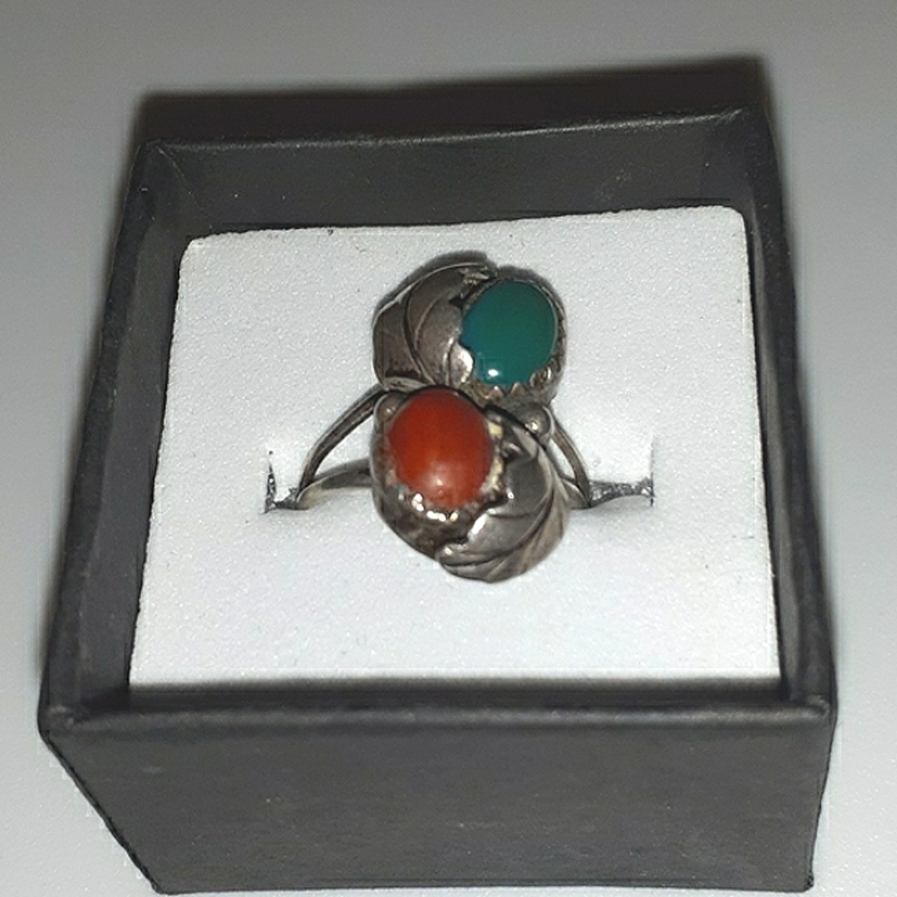SOLD VTG 🧡 REAL Coral & Malachite Sterling Ring - Picture 2 of 11
